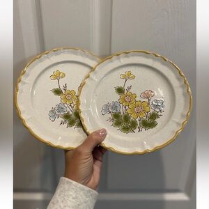 Set Of 2 Vintage Stoneware Salad Plates Field Flowers Yellow Trim Floral 7 1/2